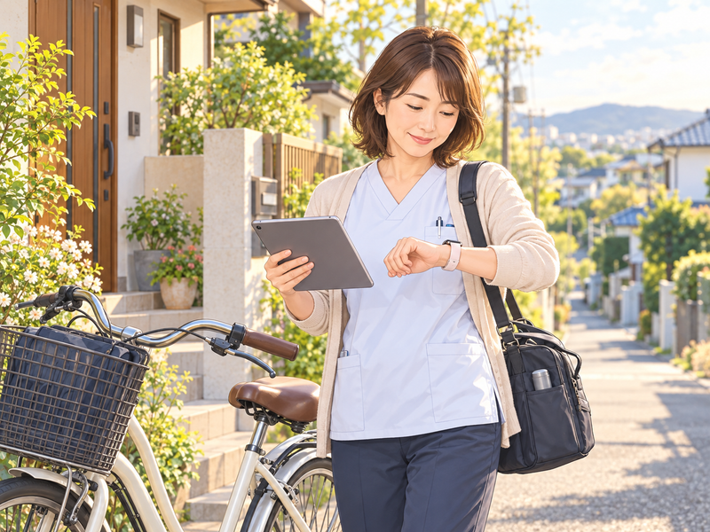 訪問予定を確認しながら住宅街を移動する子育て中の訪問看護師