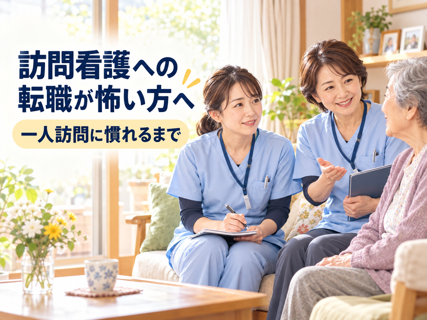先輩看護師と一緒に利用者宅を訪問する、訪問看護に転職した看護師