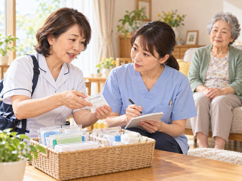 利用者宅で先輩看護師から薬や物品について教わる看護師