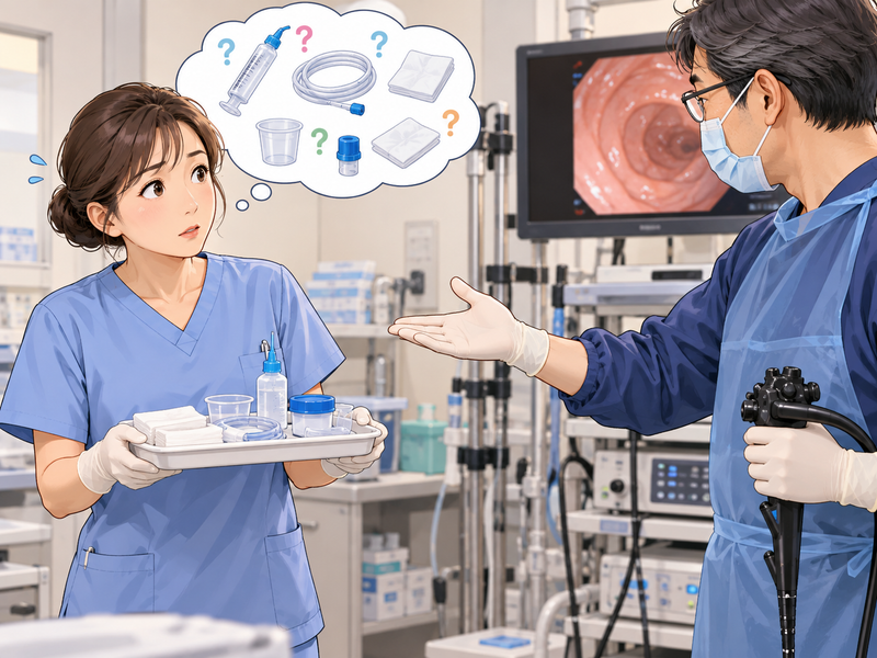 医師の無言の指示に戸惑いながら内視鏡介助をする看護師