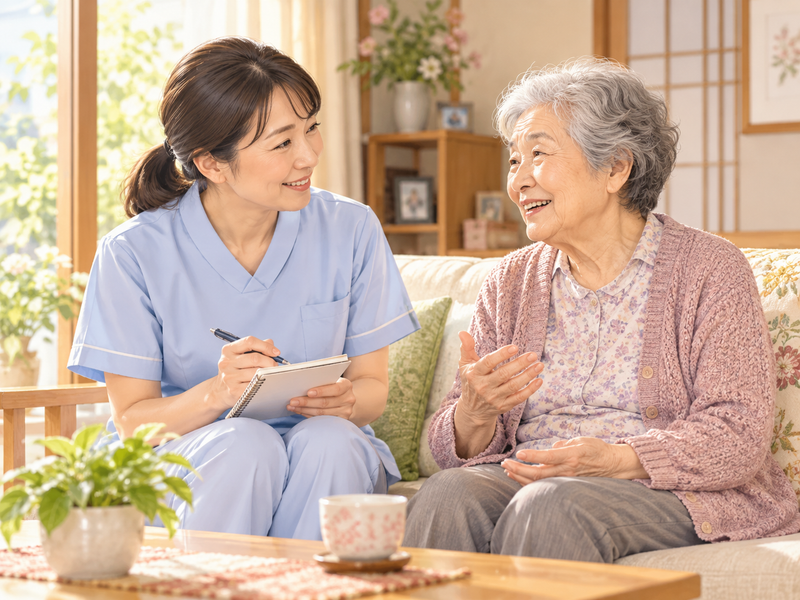 顔なじみの利用者と笑顔で会話する訪問看護師